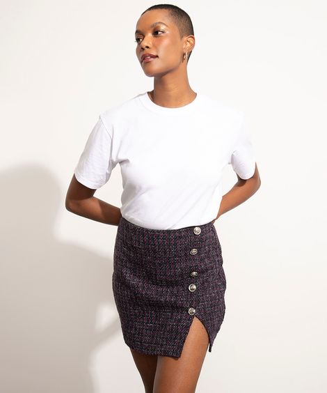 minissaia de tweed com botões mindset preta