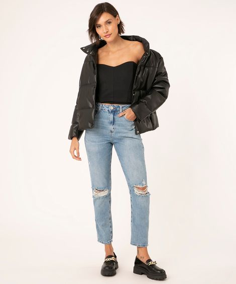 calça mom jeans cintura super alta destroyed azul médio