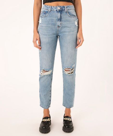 calça mom jeans cintura super alta destroyed azul médio