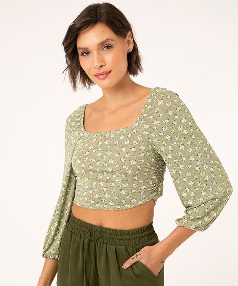 blusa floral manga bufante verde médio