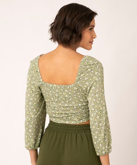 blusa floral manga bufante verde médio