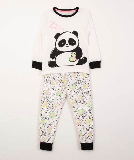 pijama infantil de algodão panda com poá off white