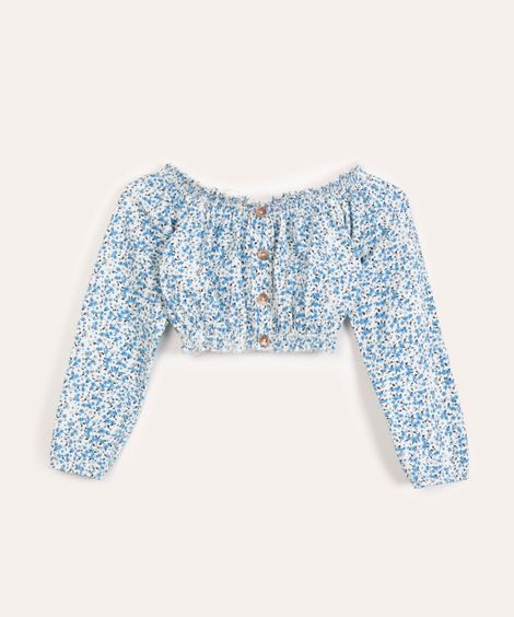 blusa cropped juvenil flora manga bufante off white
