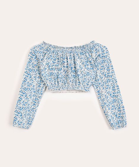 blusa cropped juvenil flora manga bufante off white
