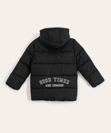 jaqueta puffer infantil com capuz estampa posterior preta