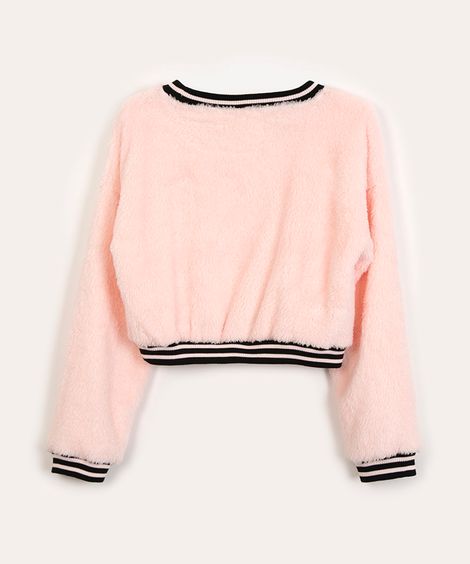 blusão juvenil cropped em sherpa com listra rosa