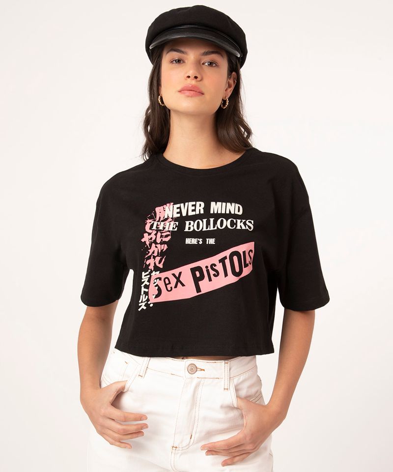 Camiseta Cropped De Algodão Sex Pistols Preta Canda 