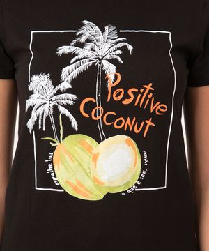 Camiseta "Positive Coconut" Manga Curta Decote Redondo Preta