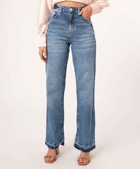 calça wide leg jeans slim barra desfiada azul médio