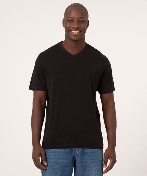 Camiseta Masculina Básica Manga Curta Gola V Preto
