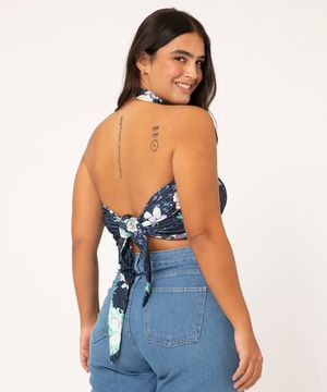 Top Cropped Feminino Frente Única Canelado Estampado Floral Gola Alta Azul Marinho