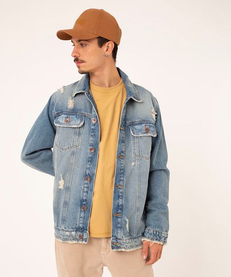 jaqueta trucker jeans destroyed azul médio