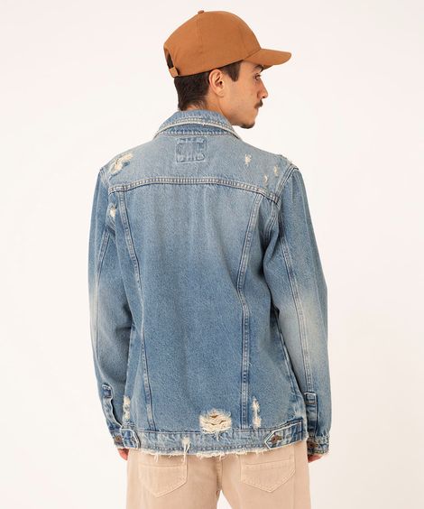 jaqueta trucker jeans destroyed azul médio