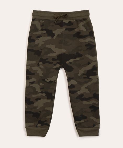 Calça Infantil Estampada Camuflada em Moletom com Cordão Verde Militar