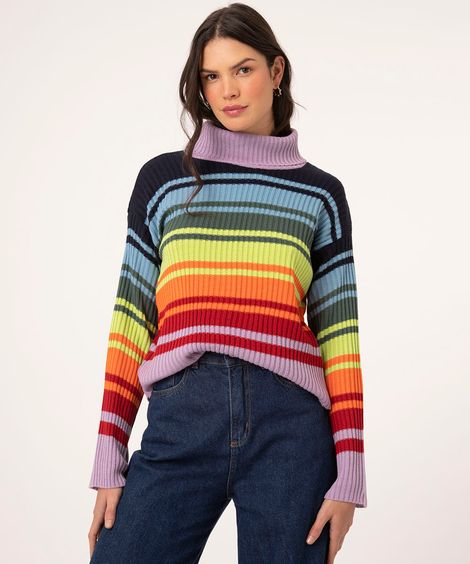 suéter de tricô listrado gola alta multicor