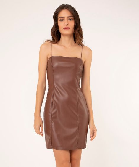 vestido curto de pu alça fina marrom escuro