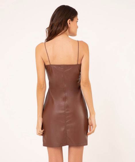 vestido curto de pu alça fina marrom escuro