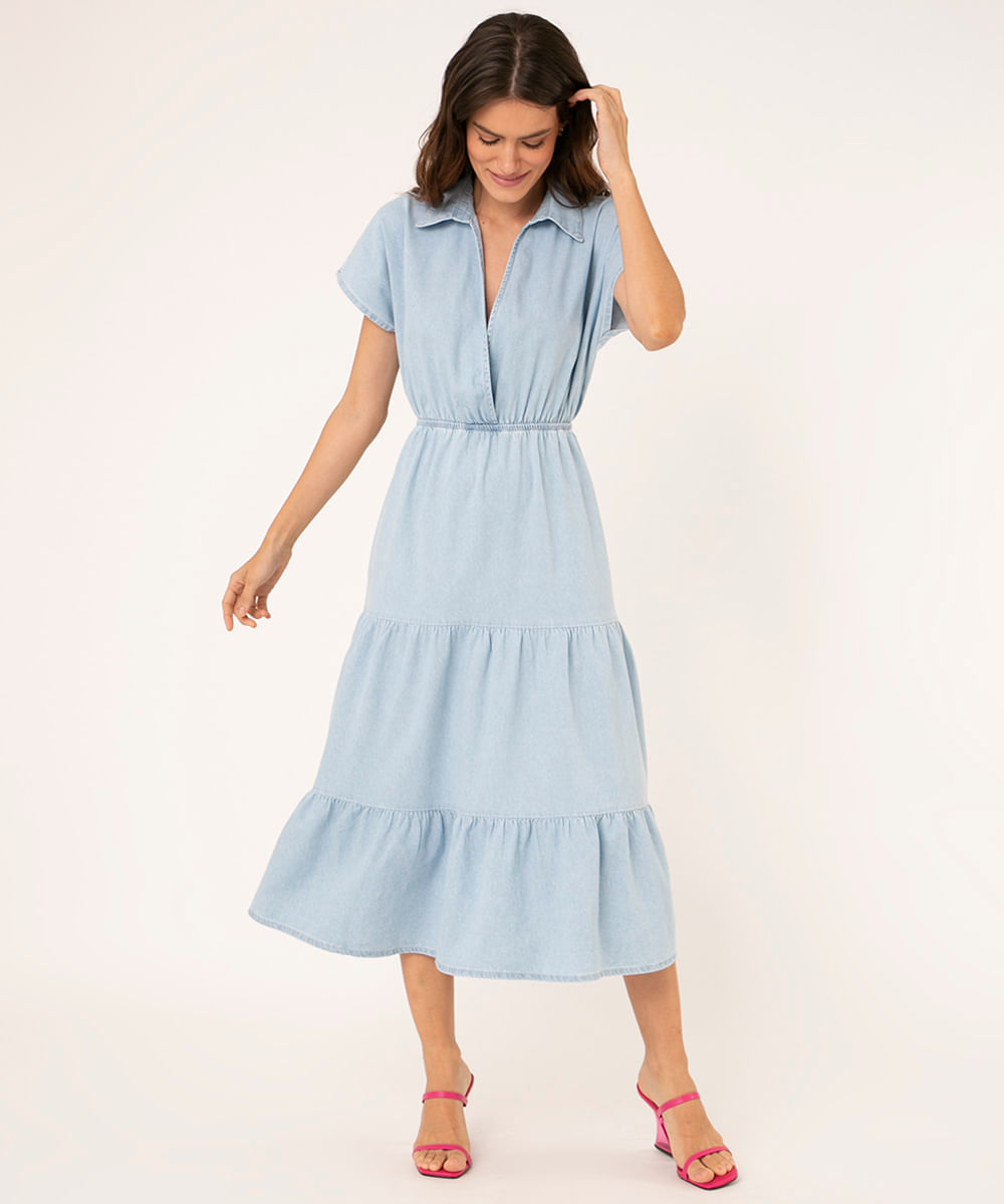 vestido midi jeans transpassado com recortes azul claro Menor preço em vestido midi jeans transpassado com recortes azul claro