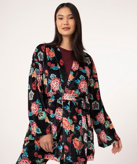 kimono de veludo paisley manga longa preto