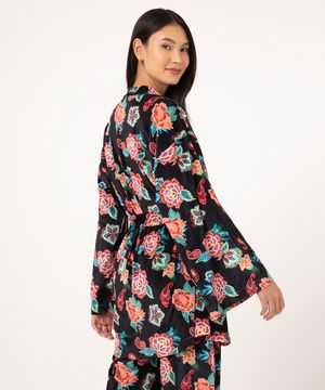 kimono de veludo paisley manga longa preto