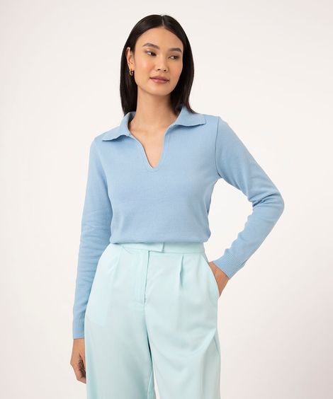 suéter polo de tricô azul claro