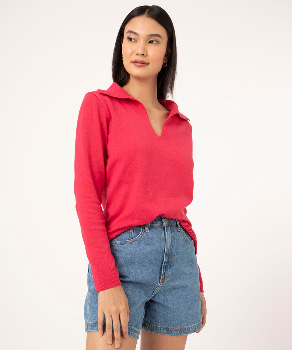 suéter polo de tricô rosa