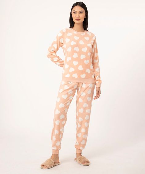 pijama manga longa de fleece corações rosa claro