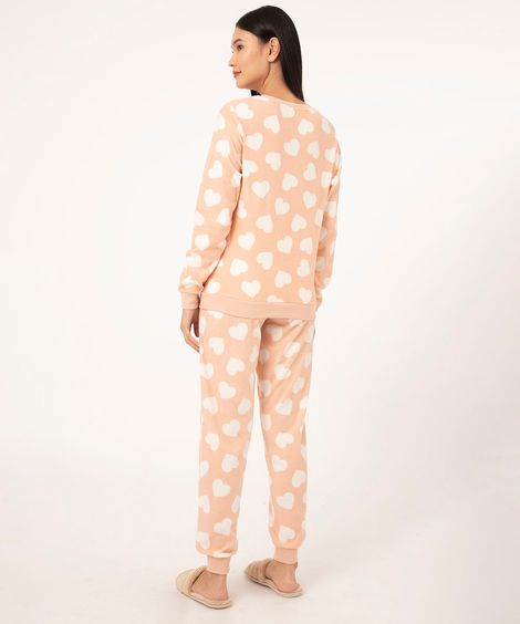 pijama manga longa de fleece corações rosa claro
