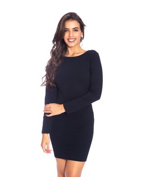 Vestido Moda Vício Justo Manga Longa Gola Careca Feminino Preto