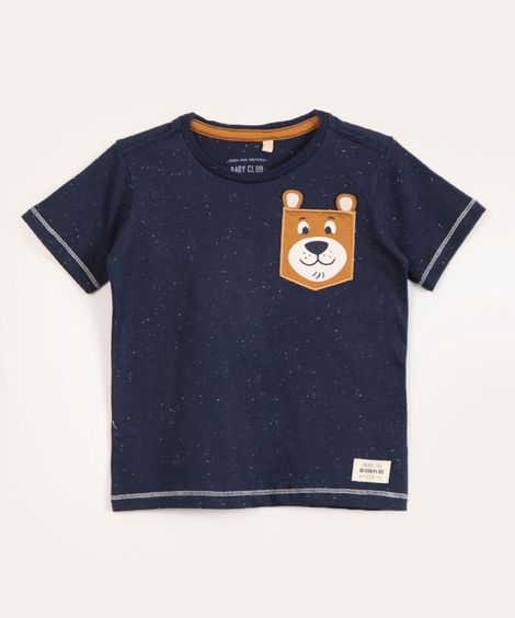 camiseta infantil manga curta bolso urso azul marinho