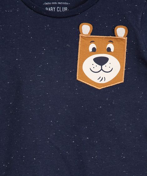 camiseta infantil manga curta bolso urso azul marinho