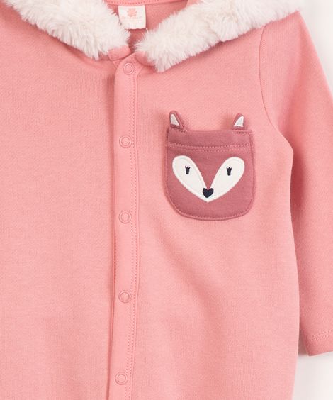 macacão infantil de moletom com capuz raposinha rosa