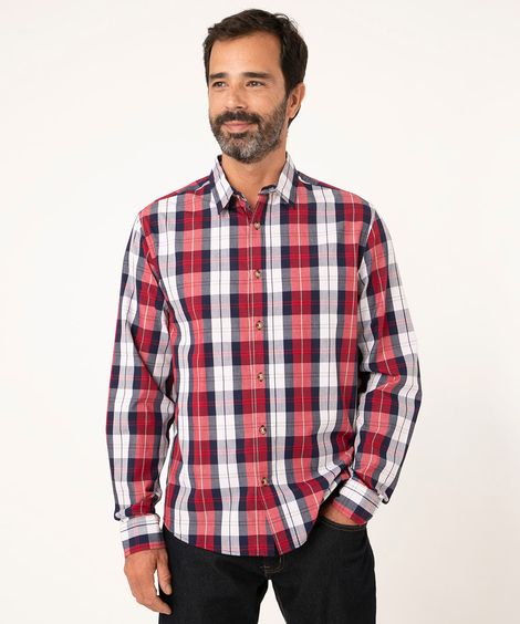 Camisa Masculina Comfort Estampada Xadrez Manga Longa Vermelha
