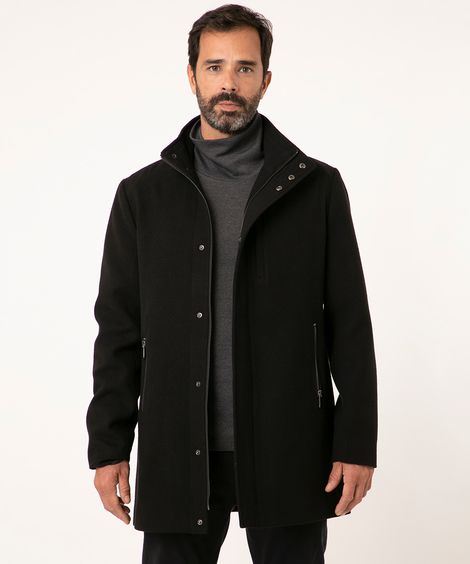Casaco Longo Slim com Bolsos e Gola Alta Preto