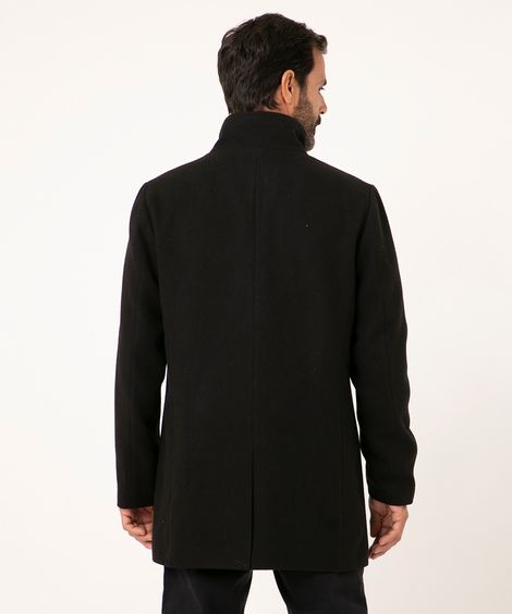 Casaco Longo Slim com Bolsos e Gola Alta Preto