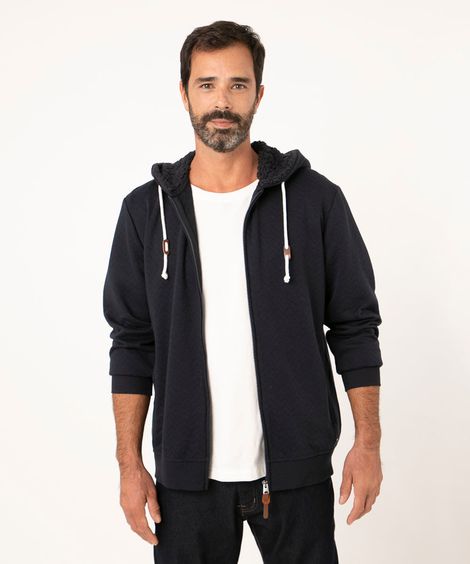 Blusão de Moletom com Capuz e Pelos Azul Marinho