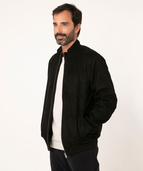 jaqueta de suede com bolsos gola alta preto