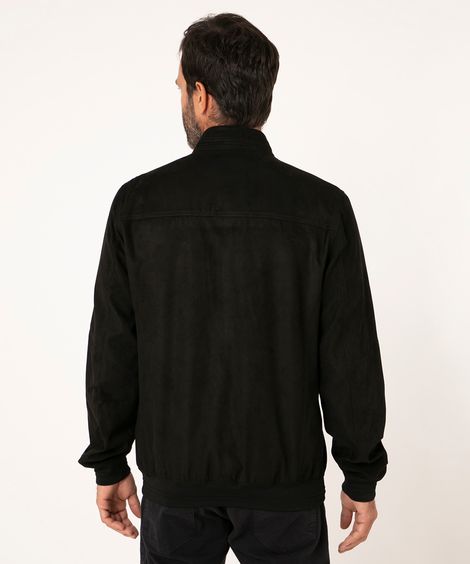 jaqueta de suede com bolsos gola alta preto