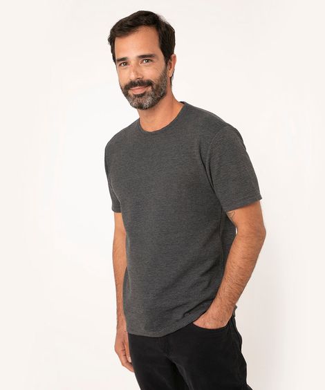 camiseta slim texturizada manga curta gola careca cinza mescla escuro