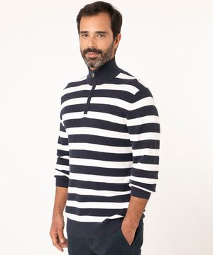 suéter de tricô gola alta listrado com zíper  azul marinho