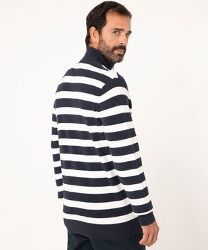 suéter de tricô gola alta listrado com zíper  azul marinho