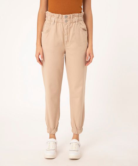 calça mom jogger de sarja cintura super alta kaki