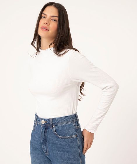 blusa canelada gola alta frufru off white