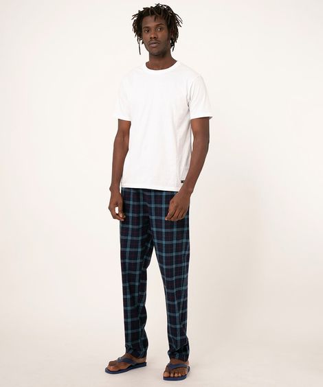 calça de pijama em flanela xadrez azul marinho
