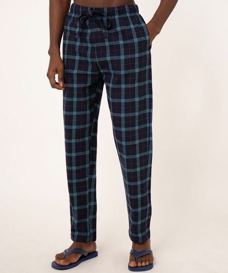 calça de pijama em flanela xadrez azul marinho