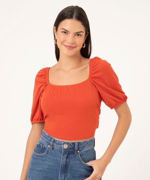 blusa cropped manga bufante amarração costas vermelha