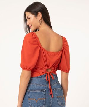 blusa cropped manga bufante amarração costas vermelha