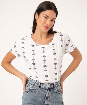camiseta flamê de algodão mini estampa folhagens off white