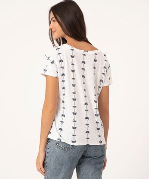 camiseta flamê de algodão mini estampa folhagens off white