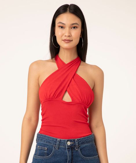 blusa frente única cruzada com amarração vermelha
